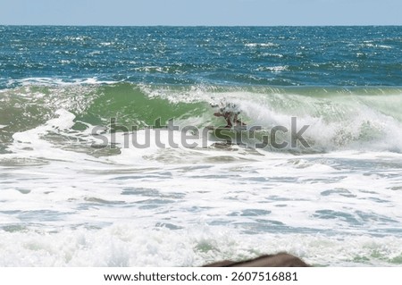 landscape, view, surfer inside the wave, background, sea, horizon, sky, blue