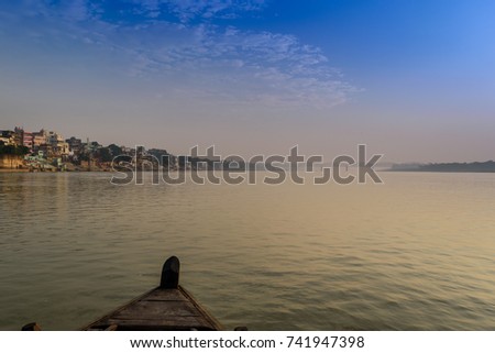 A landscape view of Varanasi Ghat from River Ganges at early in the morning. 