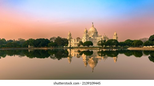 Landscape View of The Victoria Memorial , a large marble building in Central Kolkata. Selective Focus is used.