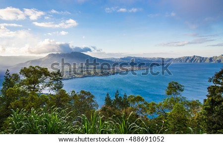 Landscape view of volcano mount and lake Batur located in Kintamani area in Bali, Indonesia