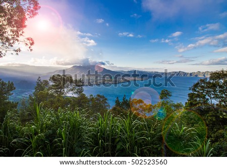 Landscape view of volcano mount and lake Batur located in Kintamani area in Bali, Indonesia