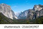 Landscape view of Yosemite Valley with El Capitan, Half Dome, and Bridalveil Falls