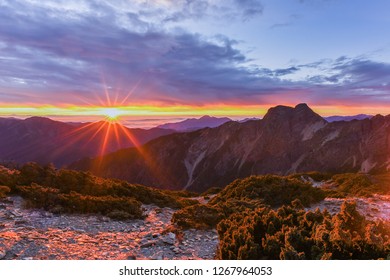 Landscape View Of Yushan Main Peak From The North Peak Of Jade Mountain With Sunrise,  Yushan National  Park, Chiayi , Taiwan