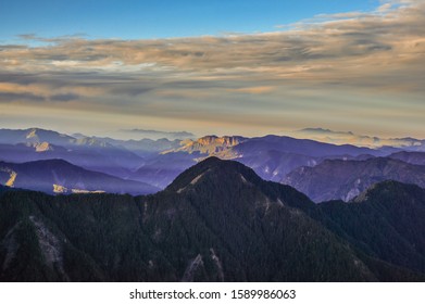Landscape View Of Yushan Main Peak And Tongpu Valley From The North Peak Of Jade Mountain At Sunrise, Yushan National  Park, Chiayi , Taiwan