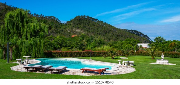 Landscape Of Villa Park, Garden In Summer. Italy Park Villa With Pool.