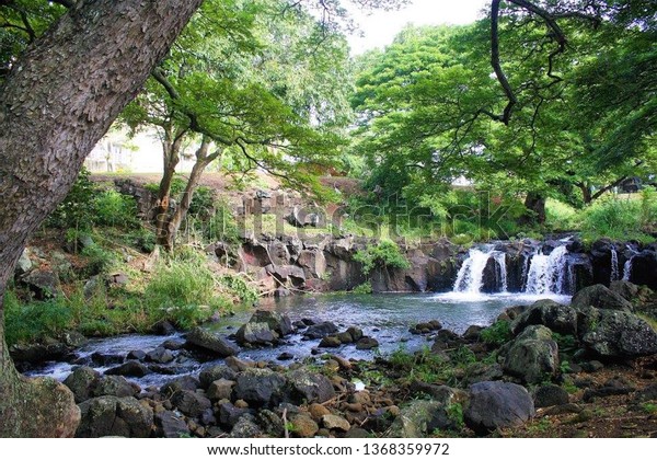 Landscape Waterfall Liliuokalani Botanical Gardens Park Stock