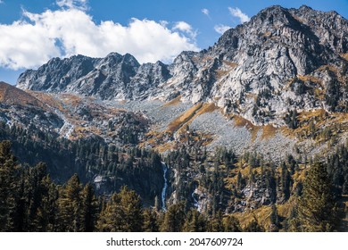 Landscape with a waterfall of peak at Altai nature reserve