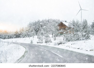 landscape with windmill in winter