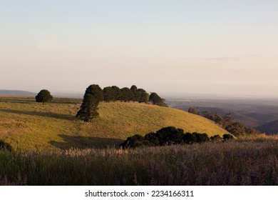 Landscape of windswept hills around Bacchus Marsh in rural Victoria, Australia.