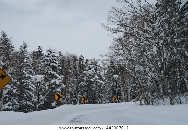 Landscape of winter
roadside in Hokkaido,
Japan