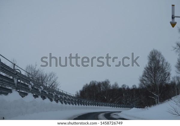 Landscape of winter\
roadside in Hokkaido,\
Japan