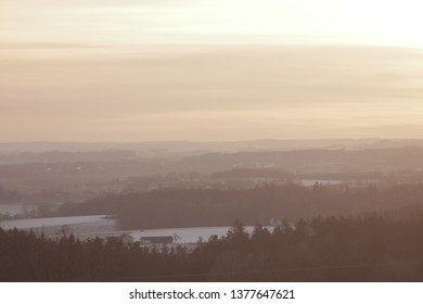 Landscape. Winter. A Small Town On The Horizon.