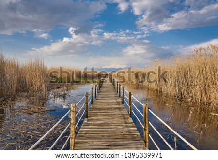 Landscape of wooden bridge in the reeds and Mount Erciyes. Sultan Reedy National Park (Sultan Marshes - Sultan Sazligi), is a national park in central Turkey, Kayseri.