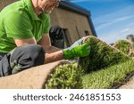 Landscaper laying grass sods on a lawn. Lawn grass replacing theme.