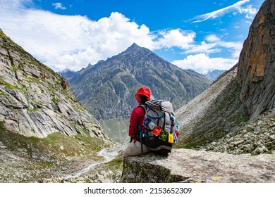 Landscapes of Hampta Pass Trek, Himachal Pradesh, India. The non english text means "om mani padme hum".  It is a six-syllabled Sanskrit mantra particularly associated with the Gautama Buddha.