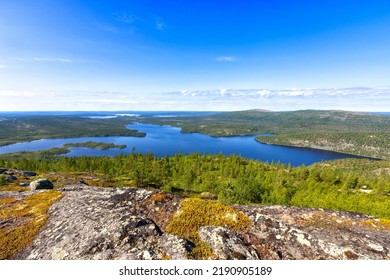 Landscapes Overlooking The Lake. Panorama. Kola Peninsula, Arctic Circle, Russia