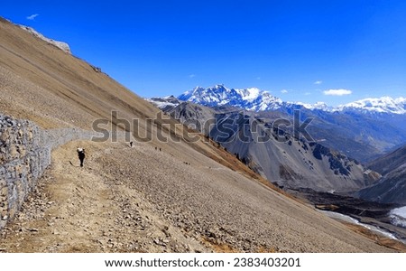 Landslide area on the way to Tillicho Lake. Trail to Tilicho Lake, Himalayan Mountains of Nepal. Annapurna circuit trek.