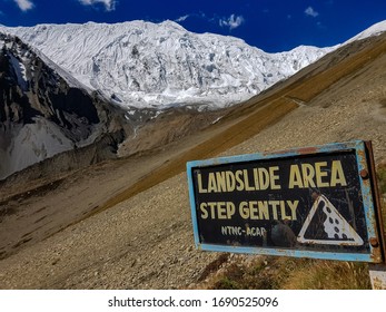 Landslide Area Sign On Tilicho Lake Route, Annapurna Cuircut Side Trek, Nepal