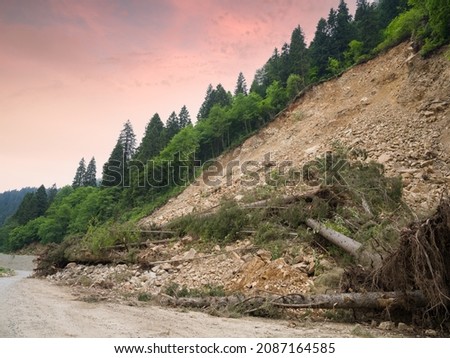 Landslide on the mountain road. Rocks and trees blocking the road due to a slope slide. 
