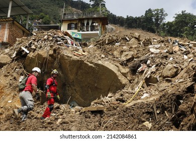 Landslide In Petropolis City,  Natural Disaster Destroyed House, Mud And Debris. Firefighters Teams Working Search And Rescue For Victims Of Rain At Morro Da Oficina. Rio De Janeiro, Brazil 02.25.2022