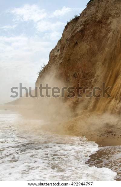 Landslide, rockfall on steep slopes of
limestone mountains of northern Black Sea coast. Dramatic moment
slipping hillside. Avalanche danger for tourists on wild beach.
Landslide - life
threatening