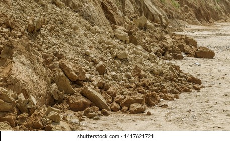 Landslide Zone On Black Sea Coast. Rock Of Sea Rock Shell. Zone Of Natural Disasters During Rainy Season. Large Masses Of Earth Slip Along Slope Of Hill, Destroy Houses. Landslide - Threat To Life