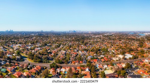 Lane Cove Road Close Aerial Panorama Of Western Sydney From City Of Ryde To Distant CBD High-rise Towers On Horizon Skyline.