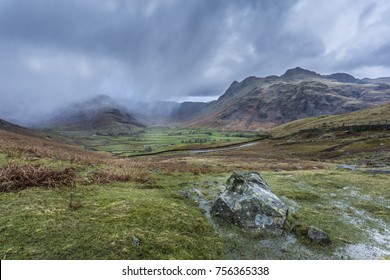 Langdale Pikes In The Lake District Cumbria England During A Rain/hail Storm