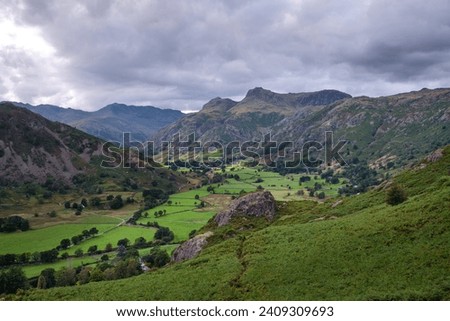 The Langdale Pikes from Thrang Crag above the Langdale Valley, Lake District, UK