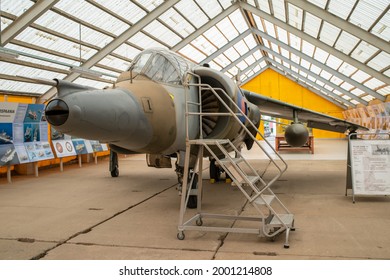 Lange, Estonia - May 17 2021: Harrier Jump Jet Vertical Short Takeoff And Landing Attack Aircraft In Estonian Aviation Museum. Selective Focus.