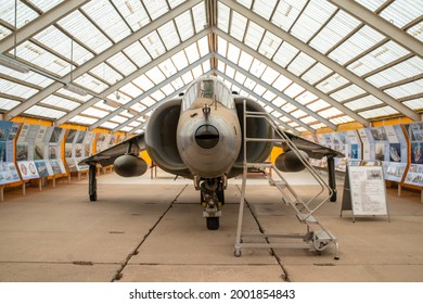 Lange, Estonia - May 17 2021: Harrier Jump Jet Vertical Short Takeoff And Landing Attack Aircraft In Estonian Aviation Museum. Selective Focus.