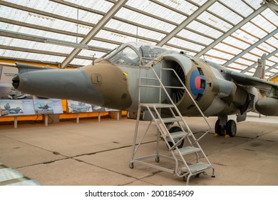 Lange, Estonia - May 17 2021: Harrier Jump Jet Vertical Short Takeoff And Landing Attack Aircraft In Estonian Aviation Museum. Selective Focus.