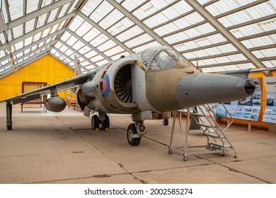 Lange, Estonia - May 17 2021: Harrier Jump Jet Vertical Short Takeoff And Landing Attack Aircraft In Estonian Aviation Museum. Selective Focus.