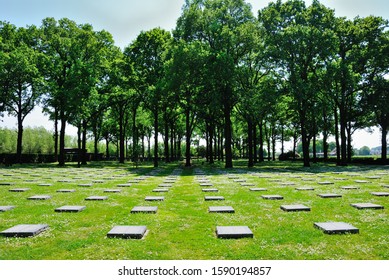 Langemark, Belgium - May 24, 2019 - Flat Grave Markers Surrounded By The Camomile Flowers At The German War Cemetery In Langemark