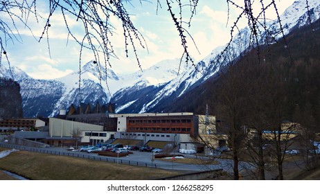 LANGENFELD, AUSTRIA - March 2018: The Spa Complex Aqua Dome Building Against The Alp Mountains Near Solden, Austria