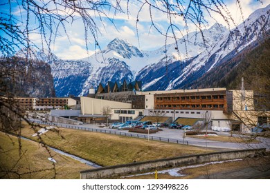 LANGENFELD, AUSTRIA - March 2018: The Spa Complex Aqua Dome Building Against The Alp Mountains Near Solden, Austria