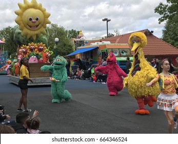 LANGHORNE, PA - MAY 7: Neighborhood Street Party Parade At Sesame Place In Langhorne, Pennsylvania, On May 7, 2017. The Park Includes Rides, Shows, And Water Attractions Suited To Young Children.