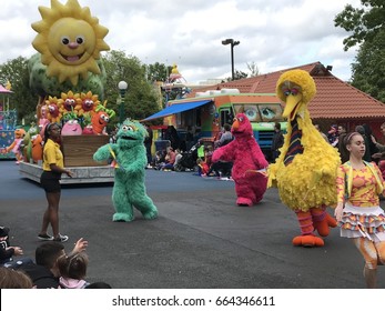 LANGHORNE, PA - MAY 7: Neighborhood Street Party Parade At Sesame Place In Langhorne, Pennsylvania, On May 7, 2017. The Park Includes Rides, Shows, And Water Attractions Suited To Young Children.