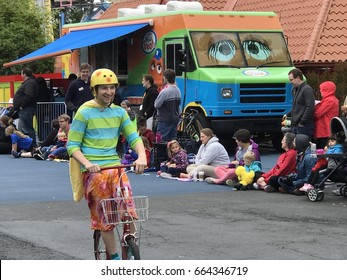 LANGHORNE, PA - MAY 7: Neighborhood Street Party Parade At Sesame Place In Langhorne, Pennsylvania, On May 7, 2017. The Park Includes Rides, Shows, And Water Attractions Suited To Young Children.