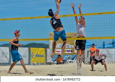 lANGKAWI, MALAYSIA - 13 MARCH 2020: Szalankiewicz and Lesiecki from Poland vs Ermishenkov and Gusev from Rusia during day 2 of the FIVB Beach Volleyball Wourld Tour Langkawi 2020 