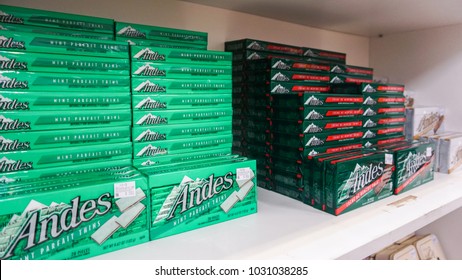 Langkawi, Malaysia - January 20, 2018 -  Rows Of Shelves With Variety Of Andes Chocolate Product, Candy & Goods In A Langkawi Market, Convenience Store.