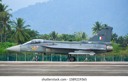 Langkawi, Malaysia - Mar 29, 2019. India Air Fore HAL Tejas Fighter Jet Taxiing On Runway Of The Langkawi Airport (LGK).