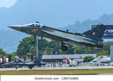 Langkawi, Malaysia - Mar 30, 2019. India Air Fore HAL Tejas Fighter Jet Taking Off From Langkawi Airport (LGK).