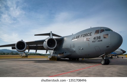 LANGKAWI, MALAYSIA : MARCH 27, 2019 : US Airforce Boeing C-17 transport plane on display at the LIMA exhibition, Langkawi, Malaysia