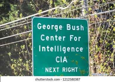 Langley, USA - October 12, 2018: Road Sign For CIA Headquarters Complex In Virginia, Green Closeup Text For George Bush Center Central Intelligence Agency Headquarters