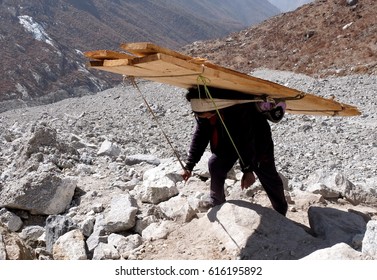 LANGTANG,NEPAL, 06 APRIL 2017 -- Seorang Pemuda Memikul Papan Untuk Membina Semula Rumah Yang Hancur Akibat Gempa Bumi  Dua Tahun Lalu Di Perkampungan Langtang  Ditengah Banjaran Himalaya, Nepal