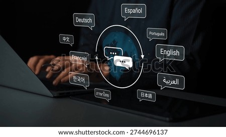 Language Communication Concept with Diverse Languages Represented in Speech Bubbles on a Digital Interface with Hands Typing on a Laptop Gluon.