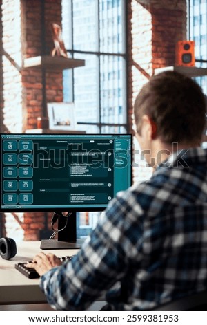 Language model generative AI chatbot on computer monitor engages in humanlike interactions with customers. Person speaks with artificial intelligence LLM software handling his requests