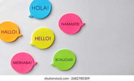Language and Multinational Communication – Speech Bubbles with the Same Word in Different Languages, Intercultural Dialogue Concept