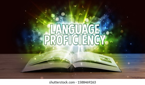 LANGUAGE PROFICIENCY inscription coming out from an open book, educational concept - Shutterstock ID 1588469263